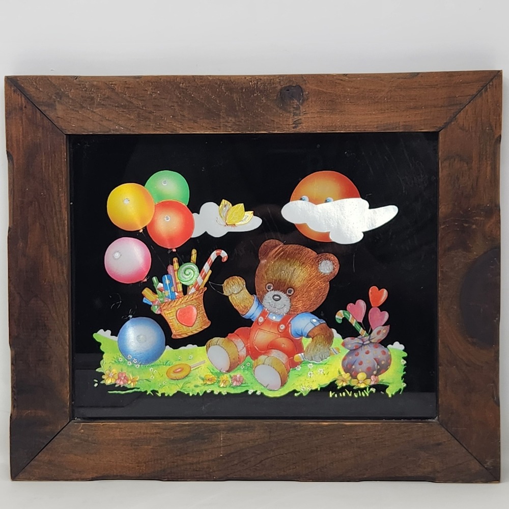 Vintage 1982 Kafka Industries Teddy Bear Foil Glass Art Wood Frame 12x10 USA